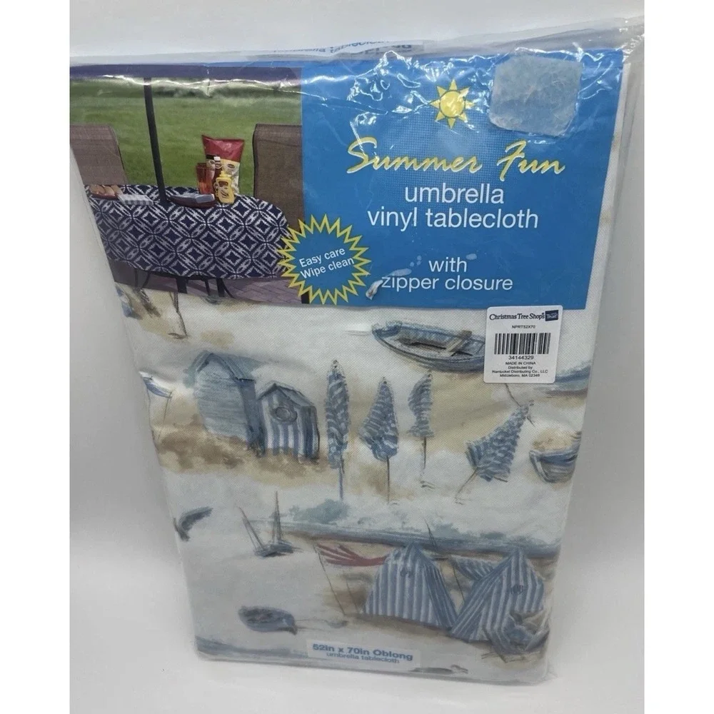 Vinyl Tablecloth Summer Fun Umbrella Zipper Closure 52x70 Oblong Beach Scene New
